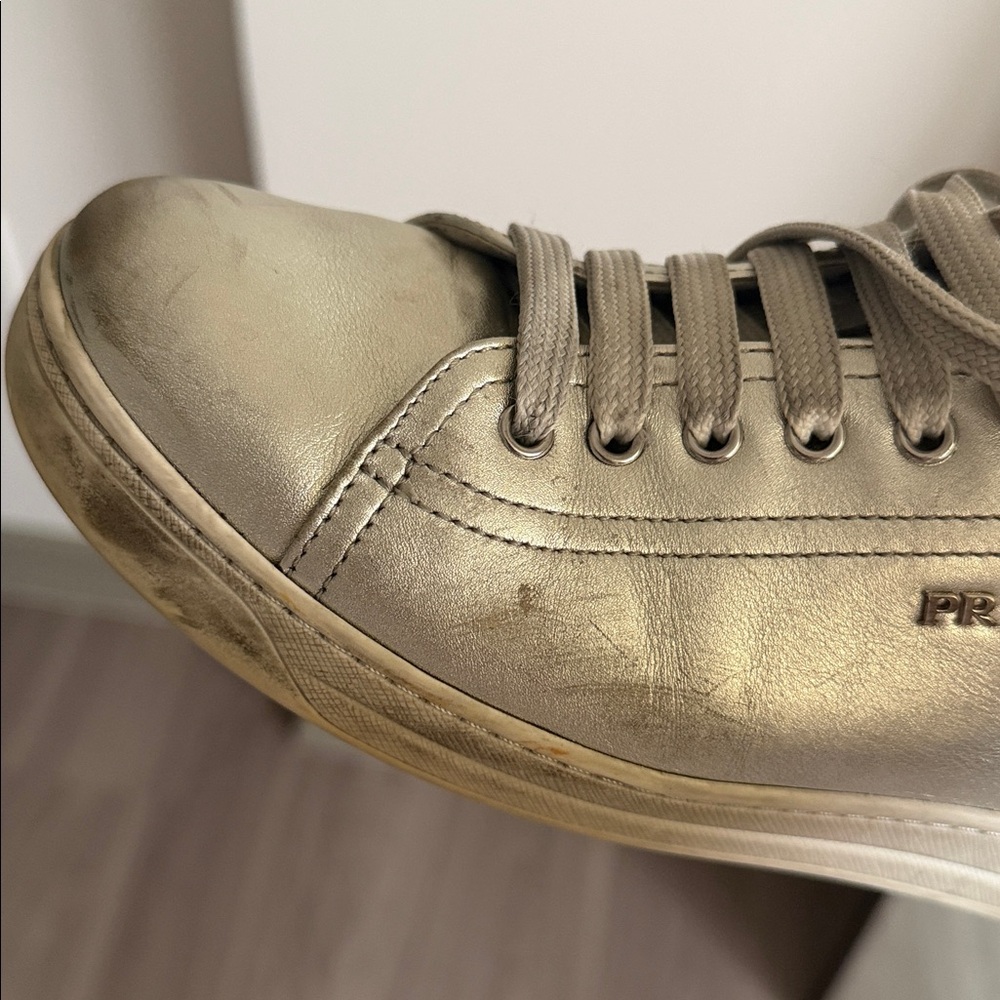 Prada Metallic Silver Leather Low Top Sneakers, size 38.5 - Picture 9 of 15